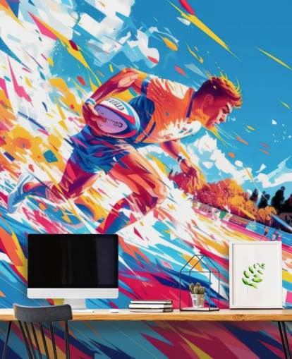 murale da parete rosso e blu chiamato Rugby Sprint per camere da letto e palestre per adolescenti