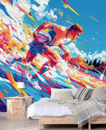 mural de pared de rugby rojo y azul llamado Rugby Sprint para dormitorios y gimnasios de adolescentes