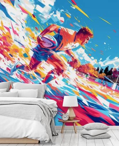 red and blue rugby wall mural called Rugby Sprint for teen's bedrooms and gyms red and blue rugby wall mural called Rugby Sprint for teen's bedrooms and gyms