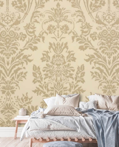 beige anpassningsbart mönster tapet som heter Beige Damask för sovrum, vardagsrum och hallar