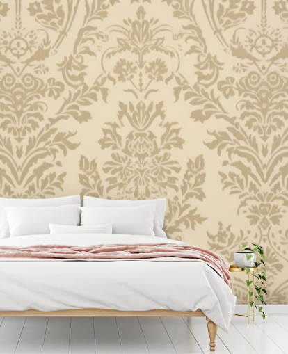 beige tilpassbart mønster tapet kalt Beige Damask for soverom, stuer og ganger