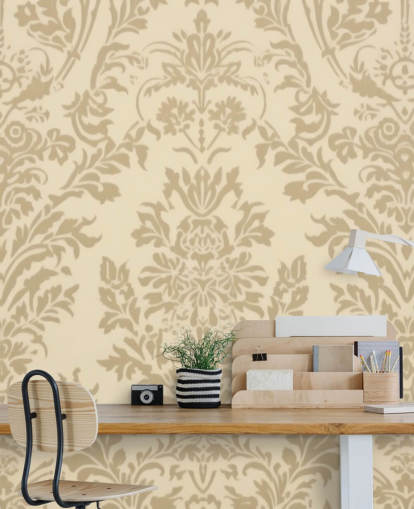 beige tilpassbart mønster tapet kalt Beige Damask for soverom, stuer og ganger