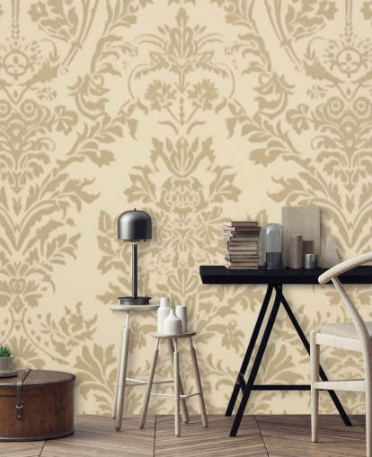 Beigefarbene, individuell gestaltbare Mustertapete namens Beige Damask für Schlafzimmer, Wohnzimmer und Flure