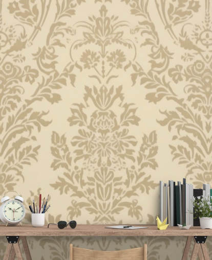 beige aanpasbaar patroonbehang genaamd Beige Damask voor slaapkamers, woonkamers en gangen