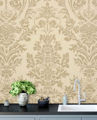 beige aanpasbaar patroonbehang genaamd Beige Damask voor slaapkamers, woonkamers en gangen