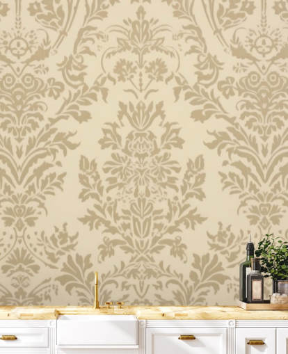 carta da parati beige personalizzabile chiamata Beige Damask per camere da letto, salotti e corridoi