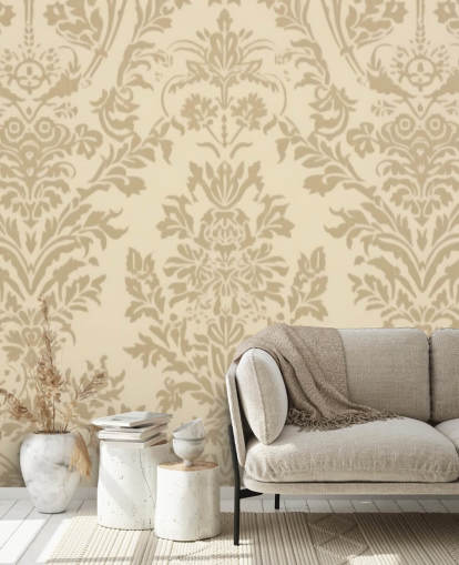 papel de parede bege com padrão personalizável chamado Beige Damask para quartos, salas de estar e corredores