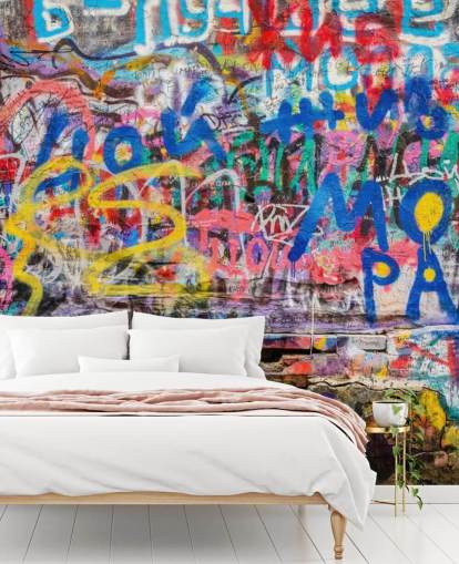 mural colorido de papel de parede de grafite personalizado chamado Grunge Graffiti para o quarto de um adolescente