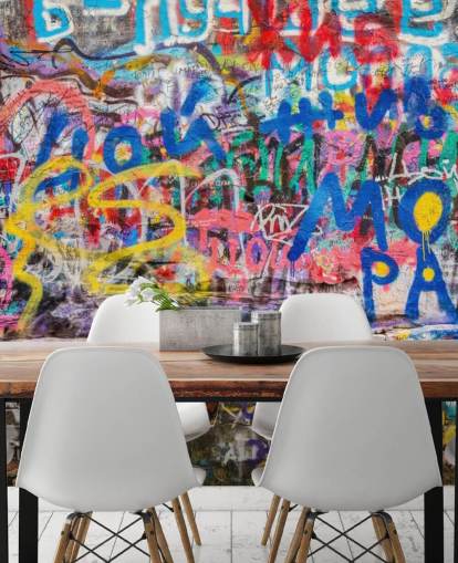 colorido mural de papel pintado de graffiti personalizado llamado Grunge Graffiti para el dormitorio de un adolescente