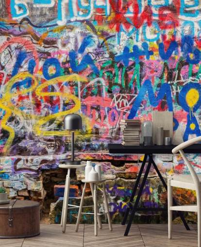kleurrijke op maat gemaakte graffitibehangmuurschildering genaamd Grunge Graffiti voor een tienerkamer