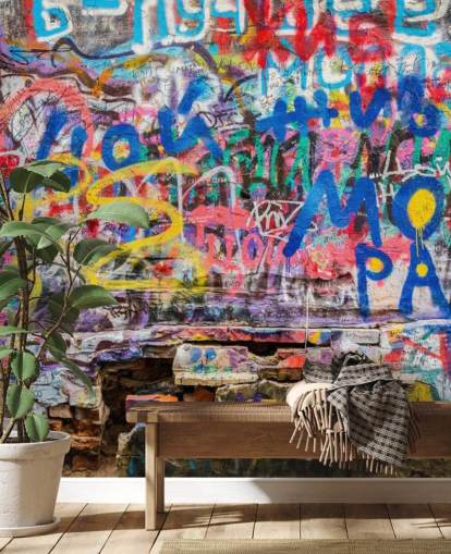farverigt brugerdefineret graffiti tapetmaleri kaldet Grunge Graffiti til en teenagers soveværelse