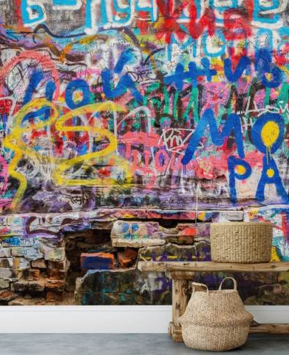 färgglad anpassad graffiti tapetväggmålning som heter Grunge Graffiti för tonåringens sovrum