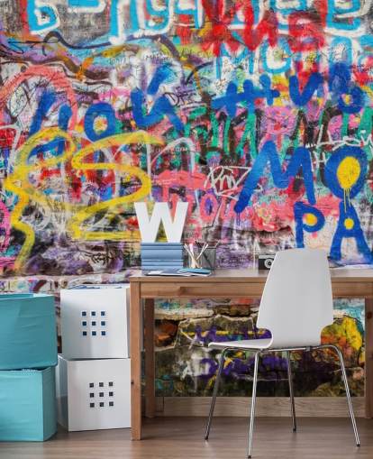 färgglad anpassad graffiti tapetväggmålning som heter Grunge Graffiti för tonåringens sovrum färgglad anpassad graffiti tapetväggmålning som heter Grunge Graffiti för tonåringens sovrum