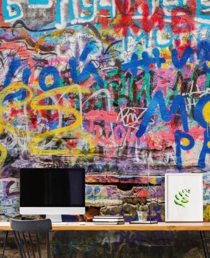 färgglad anpassad graffiti tapetväggmålning som heter Grunge Graffiti för tonåringens sovrum