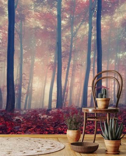 Carta da parati con pavimento foresta a foglie rosse