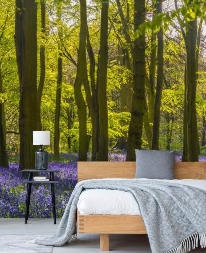 green and purple forest wallpaper mural called Sunlite Blue Wood for bedrooms and lounges