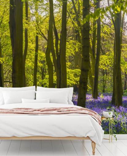 green and purple forest wallpaper mural called Sunlite Blue Wood for bedrooms and lounges