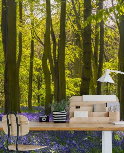 grøn og lilla skov tapet vægmaleri kaldet Sunlite Blue Wood til soveværelser og lounger