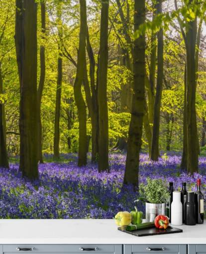 green and purple forest wallpaper mural called Sunlite Blue Wood for bedrooms and lounges
