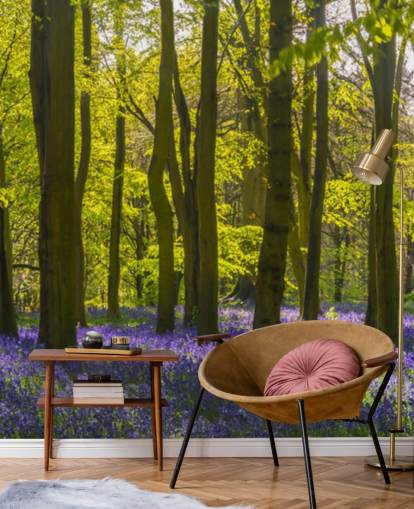 grøn og lilla skov tapet vægmaleri kaldet Sunlite Blue Wood til soveværelser og lounger grøn og lilla skov tapet vægmaleri kaldet Sunlite Blue Wood til soveværelser og lounger