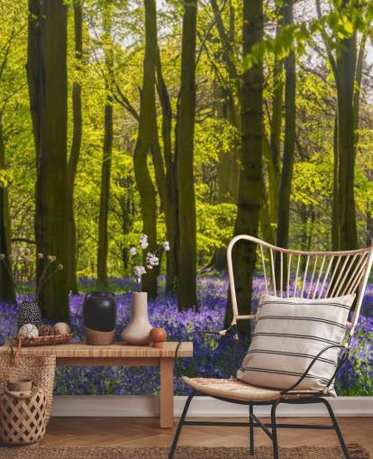 green and purple forest wallpaper mural called Sunlite Blue Wood for bedrooms and lounges