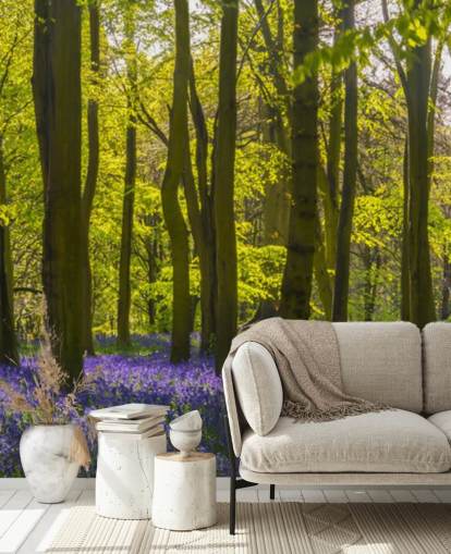 green and purple forest wallpaper mural called Sunlite Blue Wood for bedrooms and lounges