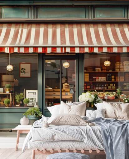 customizable vintage facade wallpaper mural called Retro Shopfront for care homes