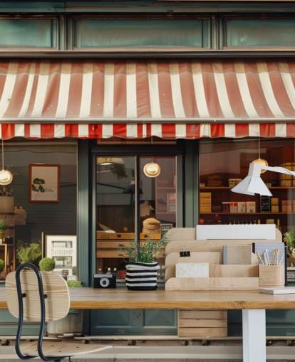 customizable vintage facade wallpaper mural called Retro Shopfront for care homes