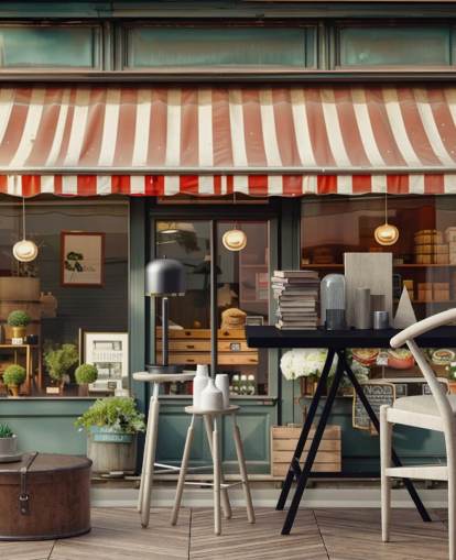 räätälöitävä vintage-julkisivun taustakuvamaalaus nimeltä Retro Shopfront hoivakodeille