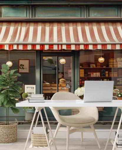 customizable vintage facade wallpaper mural called Retro Shopfront for care homes