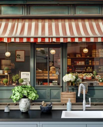 customizable vintage facade wallpaper mural called Retro Shopfront for care homes