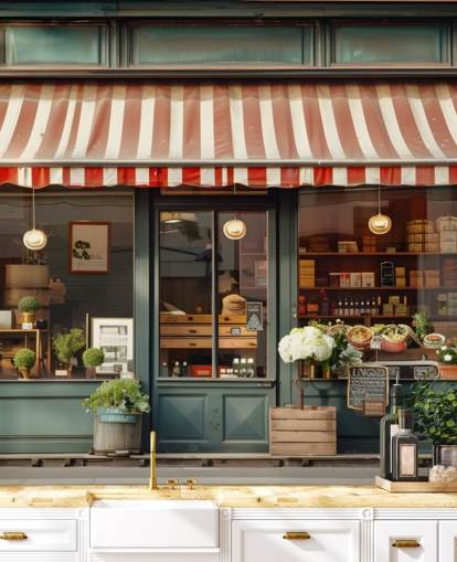 customizable vintage facade wallpaper mural called Retro Shopfront for care homes customizable vintage facade wallpaper mural called Retro Shopfront for care homes