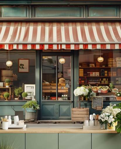 aanpasbare vintage gevelbehangmuurschildering genaamd Retro Shopfront voor verzorgingstehuizen