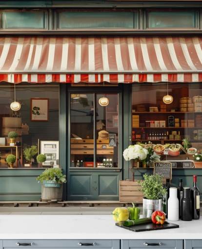 customizable vintage facade wallpaper mural called Retro Shopfront for care homes