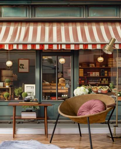 customizable vintage facade wallpaper mural called Retro Shopfront for care homes