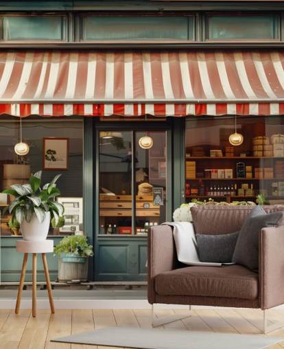 customizable vintage facade wallpaper mural called Retro Shopfront for care homes