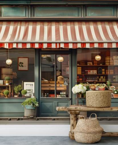 customizable vintage facade wallpaper mural called Retro Shopfront for care homes