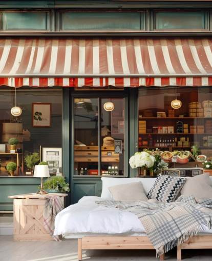 customisable vintage facade wallpaper mural called Retro Shopfront for care homes