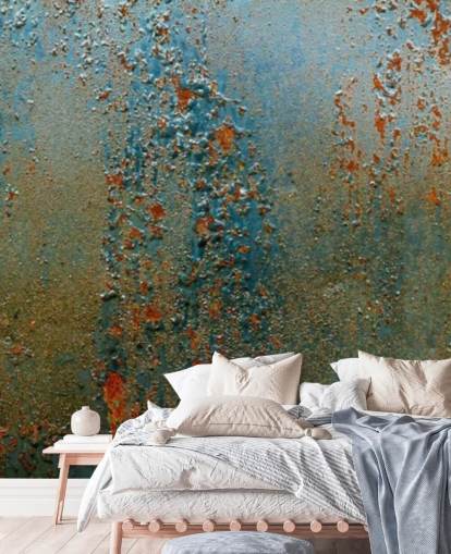 blauwe, bruine en oranje behangmuurschildering met roesteffect genaamd Patina voor keukens, badkamers en woonkamers