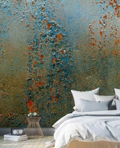 blue, brown and orange rust effect wallpaper mural called Patina for kitchens, bathrooms and living rooms