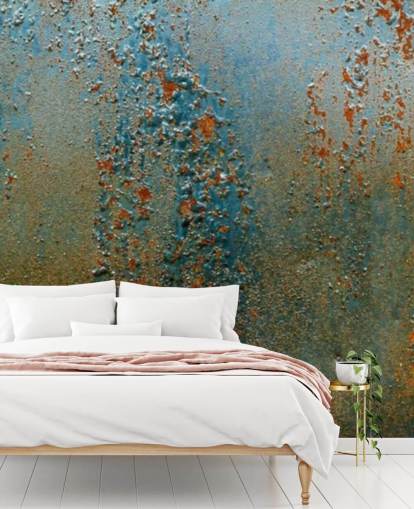 mural de papel pintado con efecto óxido azul, marrón y naranja llamado Patina para cocinas, baños y salas de estar