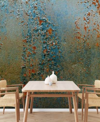 blue, brown and orange rust effect wallpaper mural called Patina for kitchens, bathrooms and living rooms