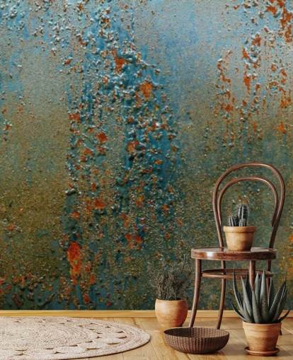 mural de papel pintado con efecto óxido azul, marrón y naranja llamado Patina para cocinas, baños y salas de estar