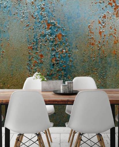 blue, brown and orange rust effect wallpaper mural called Patina for kitchens, bathrooms and living rooms