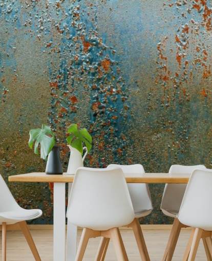 mural de papel pintado con efecto óxido azul, marrón y naranja llamado Patina para cocinas, baños y salas de estar