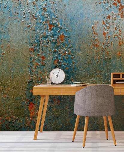 mural de papel pintado con efecto óxido azul, marrón y naranja llamado Patina para cocinas, baños y salas de estar