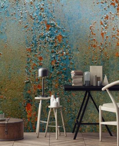 carta da parati murale effetto ruggine blu, marrone e arancione chiamata Patina per cucine, bagni e salotti