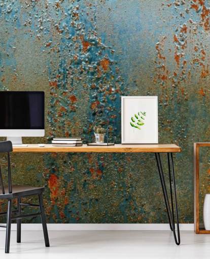 mural de papel pintado con efecto óxido azul, marrón y naranja llamado Patina para cocinas, baños y salas de estar mural de papel pintado con efecto óxido azul, marrón y naranja llamado Patina para cocinas, baños y salas de estar