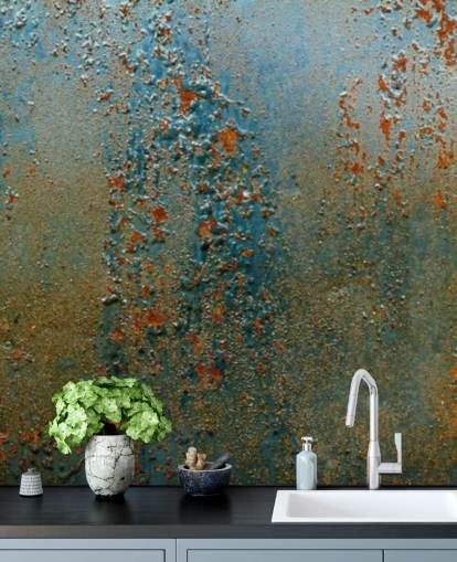 blue, brown and orange rust effect wallpaper mural called Patina for kitchens, bathrooms and living rooms