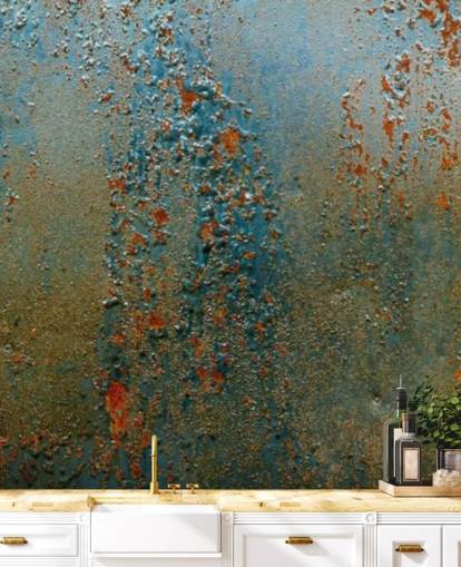 blue, brown and orange rust effect wallpaper mural called Patina for kitchens, bathrooms and living rooms